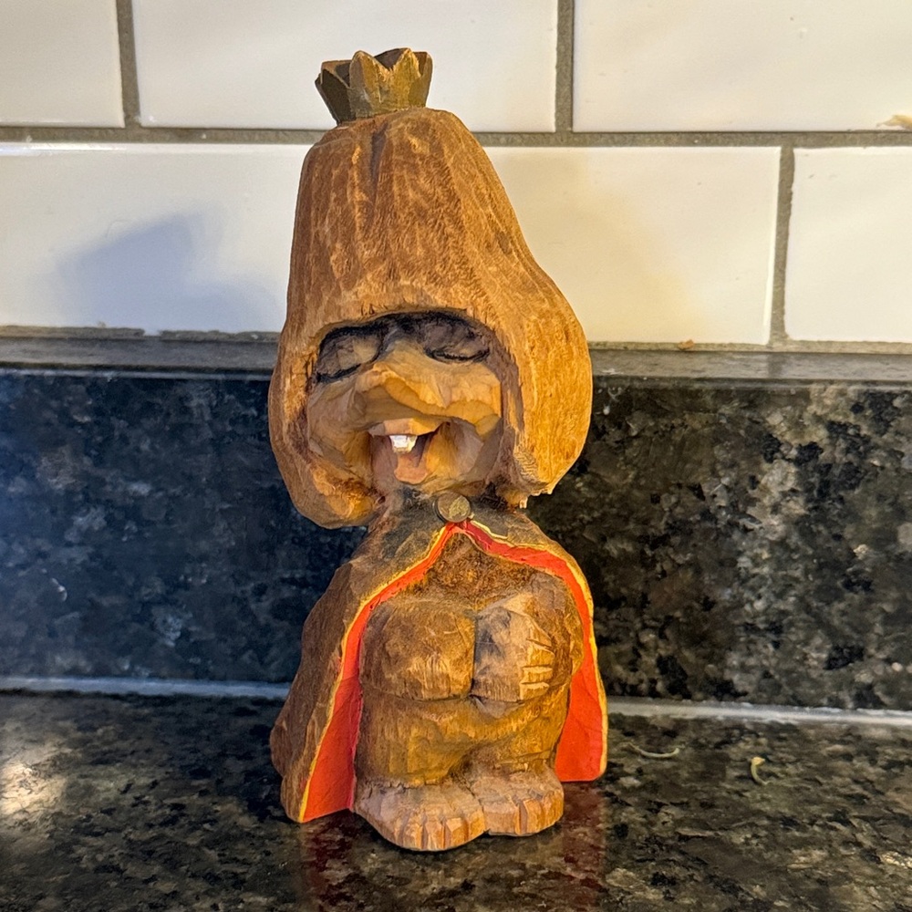 Norway Hand Carved Wood Troll King Queen Crown Cape Henning 1960s 6.5” Vintage